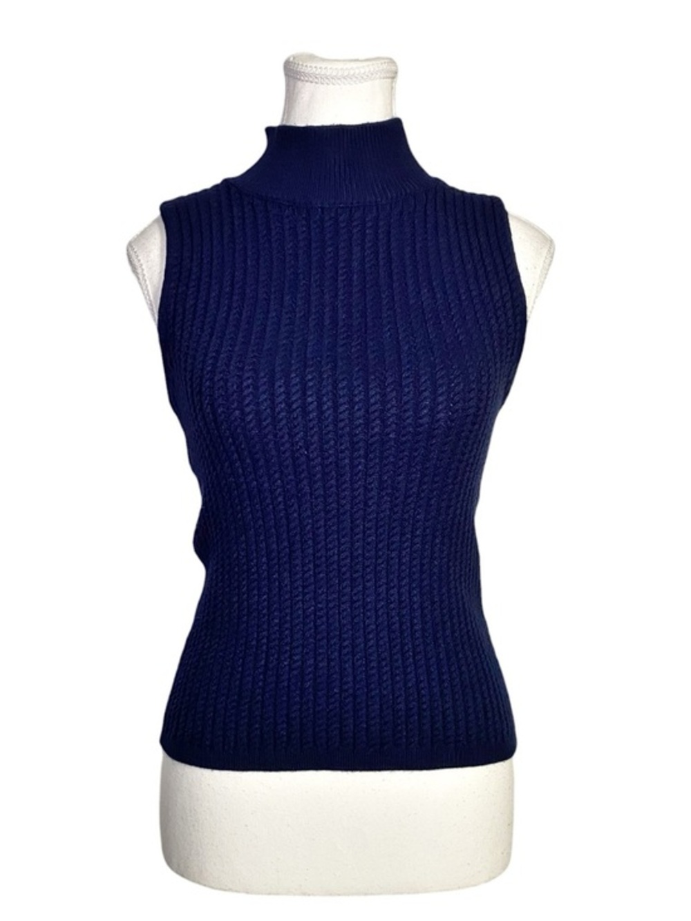Elie Tahari Navy Ribbed Mock Neck Sleeveless Sweater Top